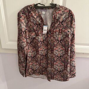 Laura Scott Women's Brown Button-Up Asymmetrical Blouse Size L – Casual Chic Top